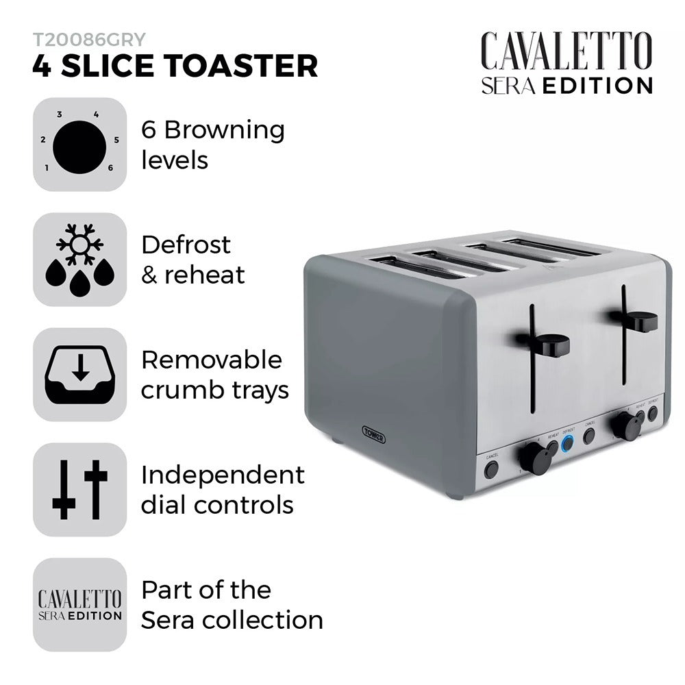 Tower Sera Four-Slice Grey Toaster | Dual Controls, Wide Slots