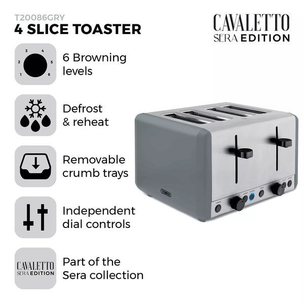 Tower Sera Four-Slice Grey Toaster | Dual Controls, Wide Slots