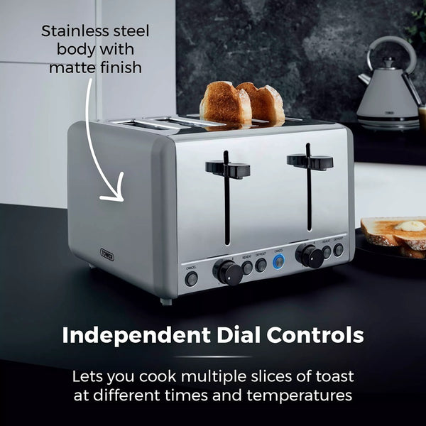 Tower Sera Four-Slice Grey Toaster | Dual Controls, Wide Slots