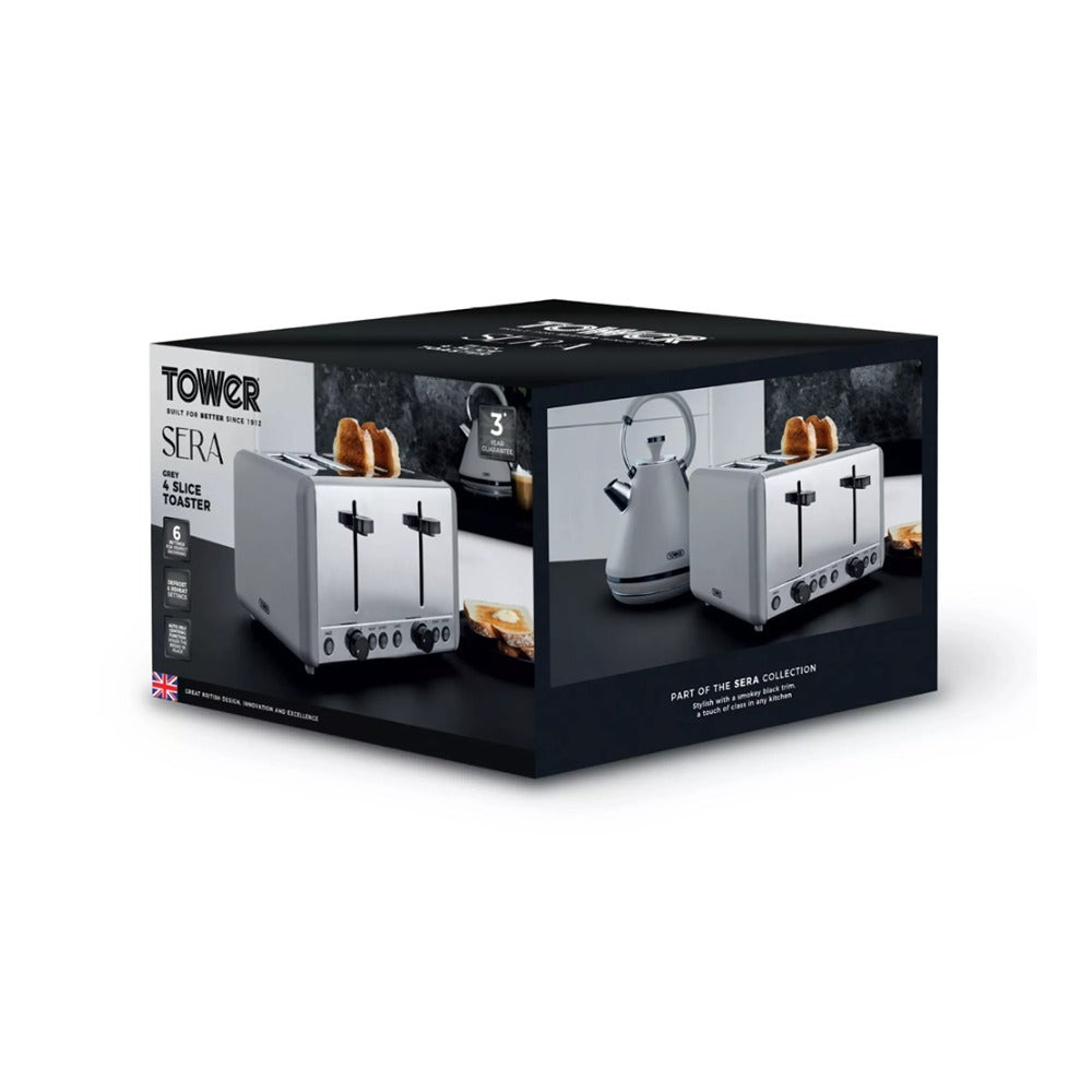 Tower Sera Four-Slice Grey Toaster | Dual Controls, Wide Slots