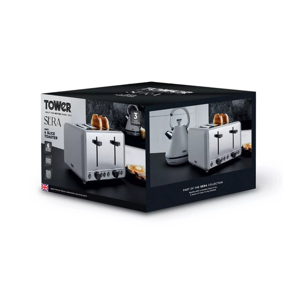 Tower Sera Four-Slice Grey Toaster | Dual Controls, Wide Slots