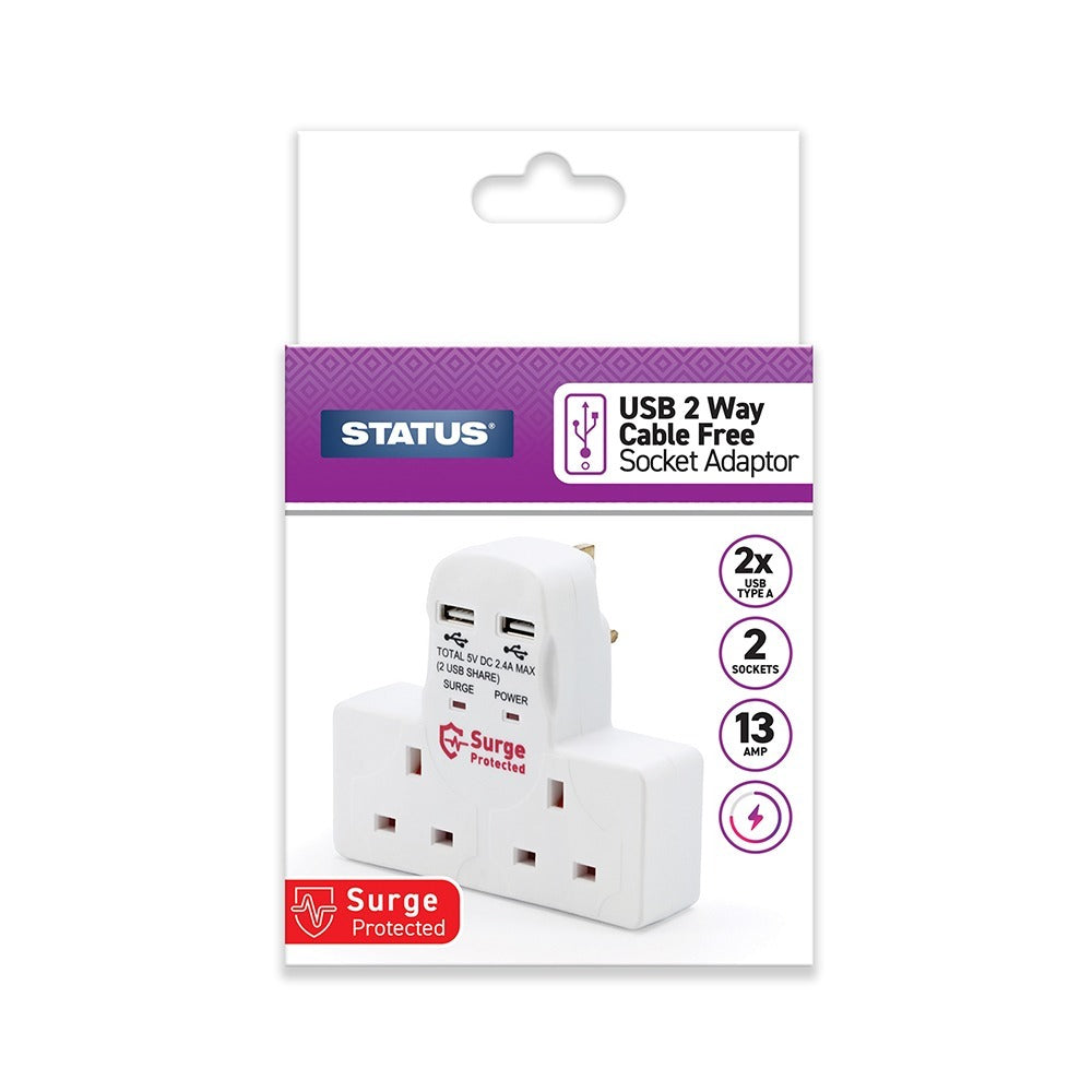 Status 2-Gang Plug-In Adaptor with USB | Dual USB-A 2.4A, Surge Protected, 13A