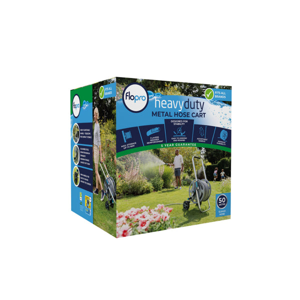 FloPro Metal Hose Cart Set | 50m Everyday Hose, Wheeled Trolley
