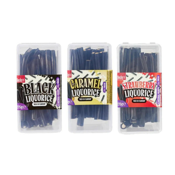 Beckys Assorted Flavour Soft Liquorice Sticks | 275g Lidded Tub