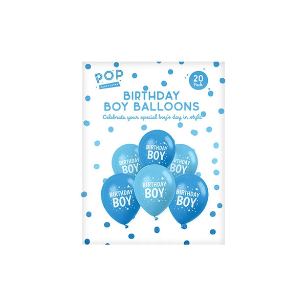 Birthday Boy Balloons | Pack of 20, Assorted Blue Shades, Star Detail