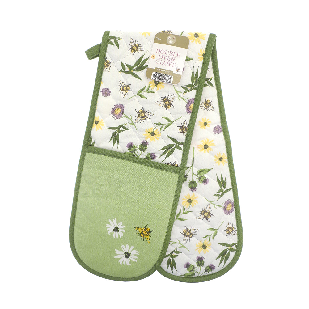 Country Club Bee and Wildflower Double Oven Glove | Quilted, Hanging Loop