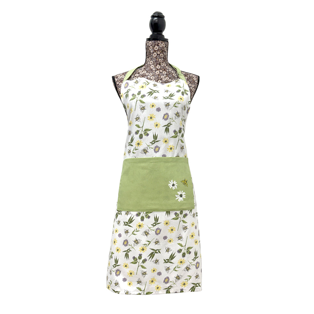 Country Club Floral Bee Full-Length Apron | Adjustable Neck Tie, Front Pocket