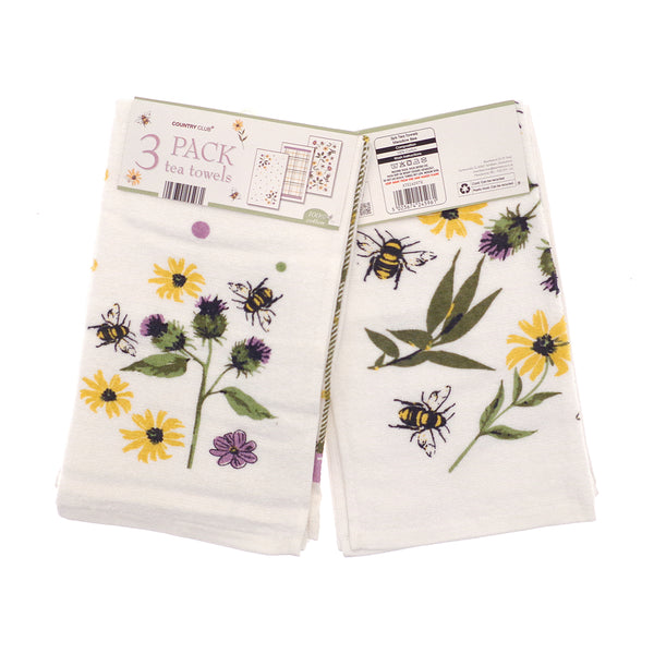 Country Club Bee and Floral Cotton Tea Towels | Pack of 3, Assorted