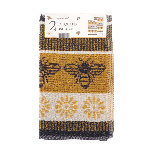 Country Club Bee and Floral Jacquard Tea Towels | Pack of 2, Mustard