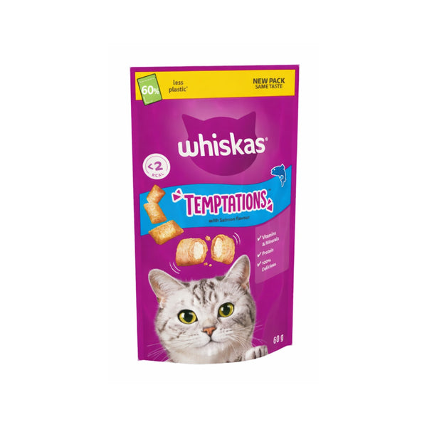 Whiskas Temptations Salmon Cat Treats | Crunchy Outer, Soft Centre, 60g
