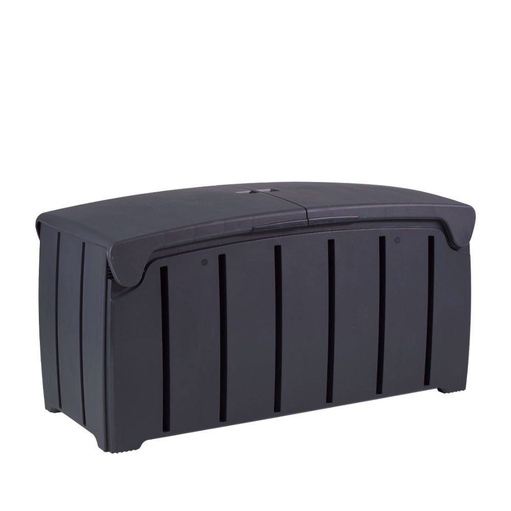 Strata Black Outdoor Garden Storage Box | 322L, Hinged Lid, Slatted Panels