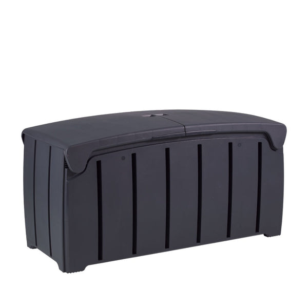 Strata Black Outdoor Garden Storage Box | 322L, Hinged Lid, Slatted Panels