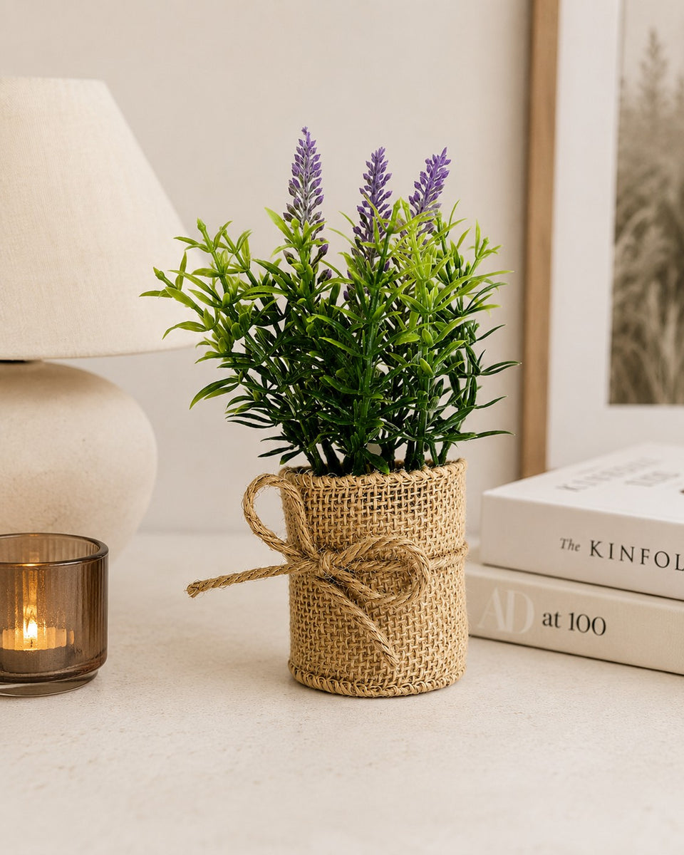Assorted Artificial Lavender Flowers in Burlap Pot | Rope Bow