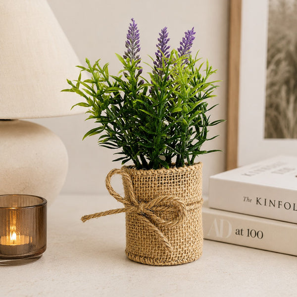 Assorted Artificial Lavender Flowers in Burlap Pot | Rope Bow