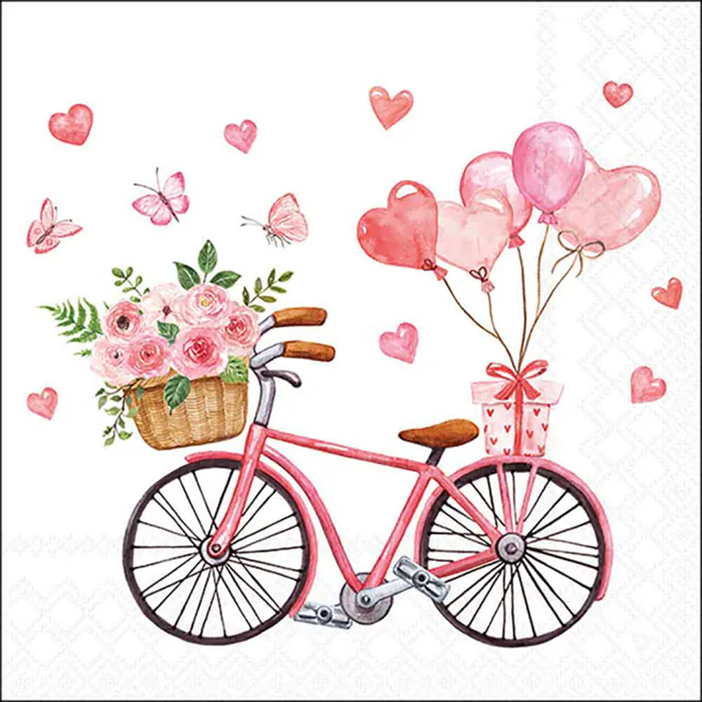 Ambiente Bike of Love Paper Napkin | Pink Bicycle, Watercolour Hearts