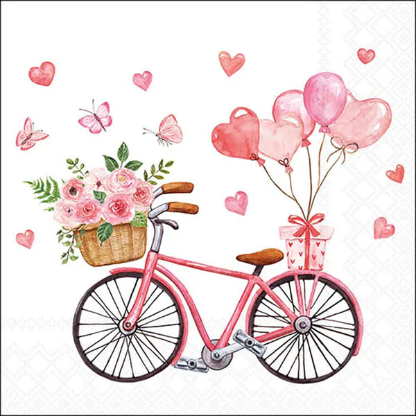 Ambiente Bike of Love Paper Napkin | Pink Bicycle, Watercolour Hearts