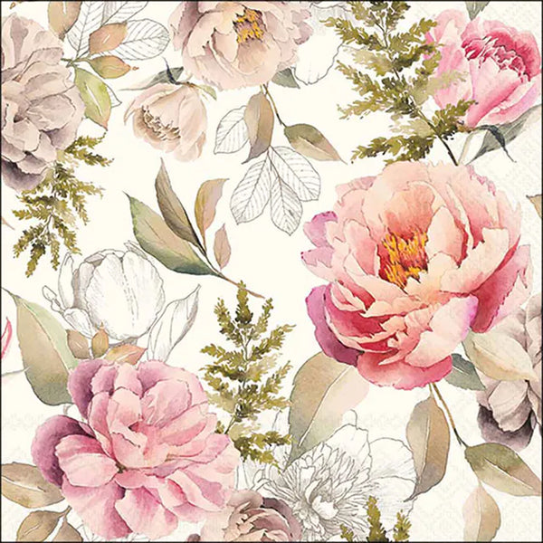 Ambiente Peonies Composition Cream Paper Napkin | Watercolour Floral