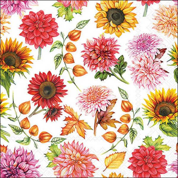 Ambiente Autumn Blooming Floral Napkin | White Background, Sunflower Print