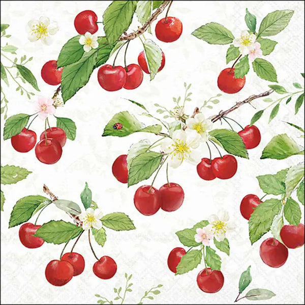 Ambiente Fresh Cherries Napkin | Watercolour Orchard Motif, Ladybugs
