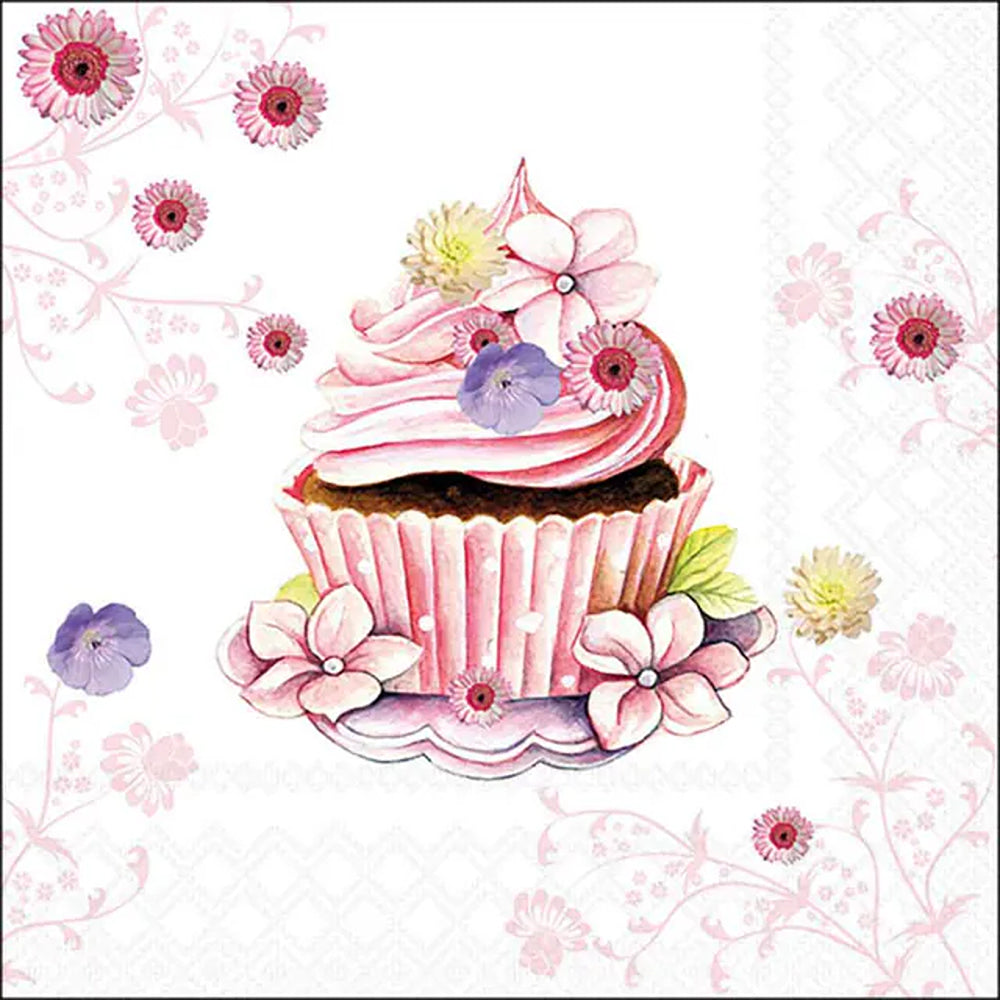 Ambiente Cupcake and Floral Paper Napkin | Pastel Lace-Style Border