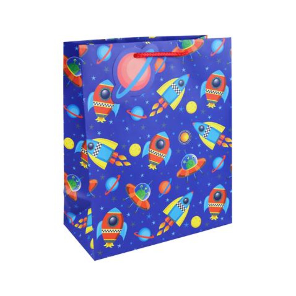 Space Man Large Gift Bag | Blue Cosmic Design, Red Carry Handles
