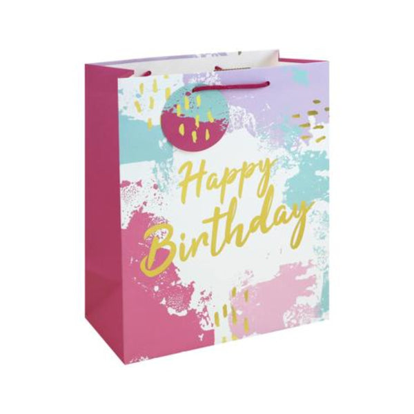 Pink Watercolour Happy Birthday Large Gift Bag | Gift Tag and Handles