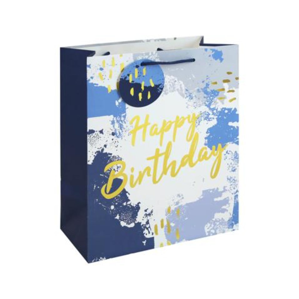 Blue Watercolour Happy Birthday Large Gift Bag | Gold Lettering, Handles