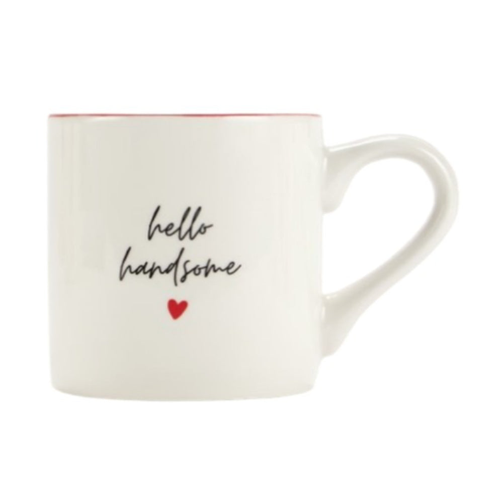 Hello Handsome Porcelain Mug | Cream, Red Heart Detail, Pink Rim