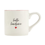 Hello Handsome Porcelain Mug | Cream, Red Heart Detail, Pink Rim