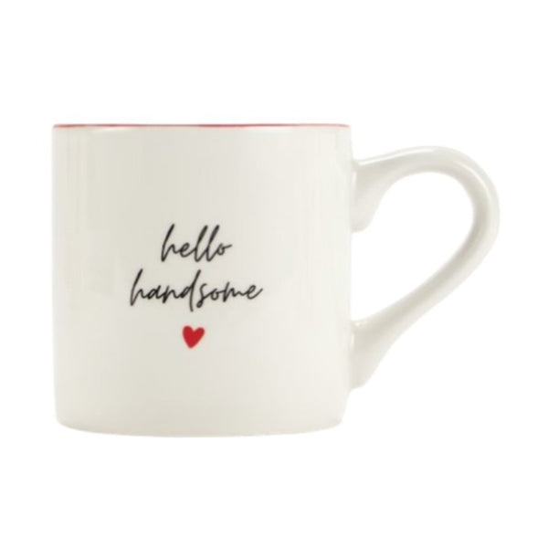 Hello Handsome Porcelain Mug | Cream, Red Heart Detail, Pink Rim