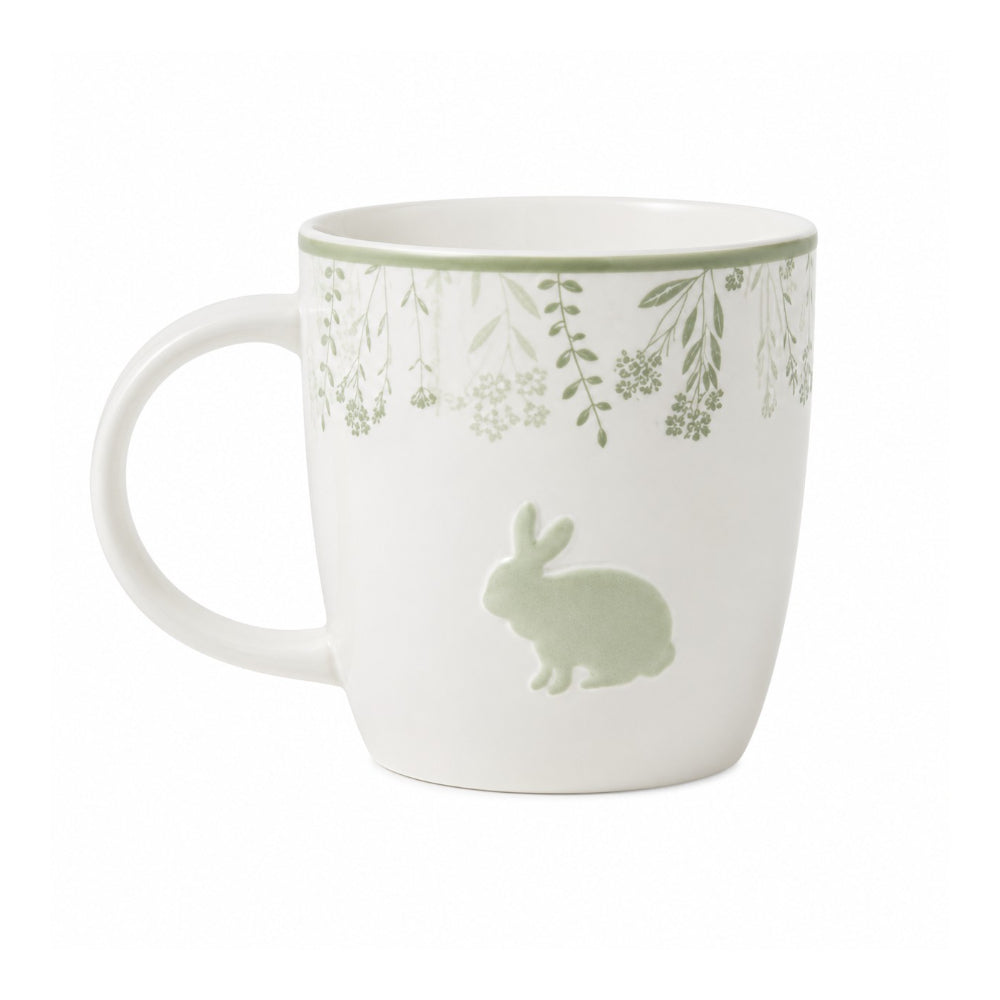 Rabbit Décor Porcelain Mug | Sage Green Botanical, Raised Bunny Motif