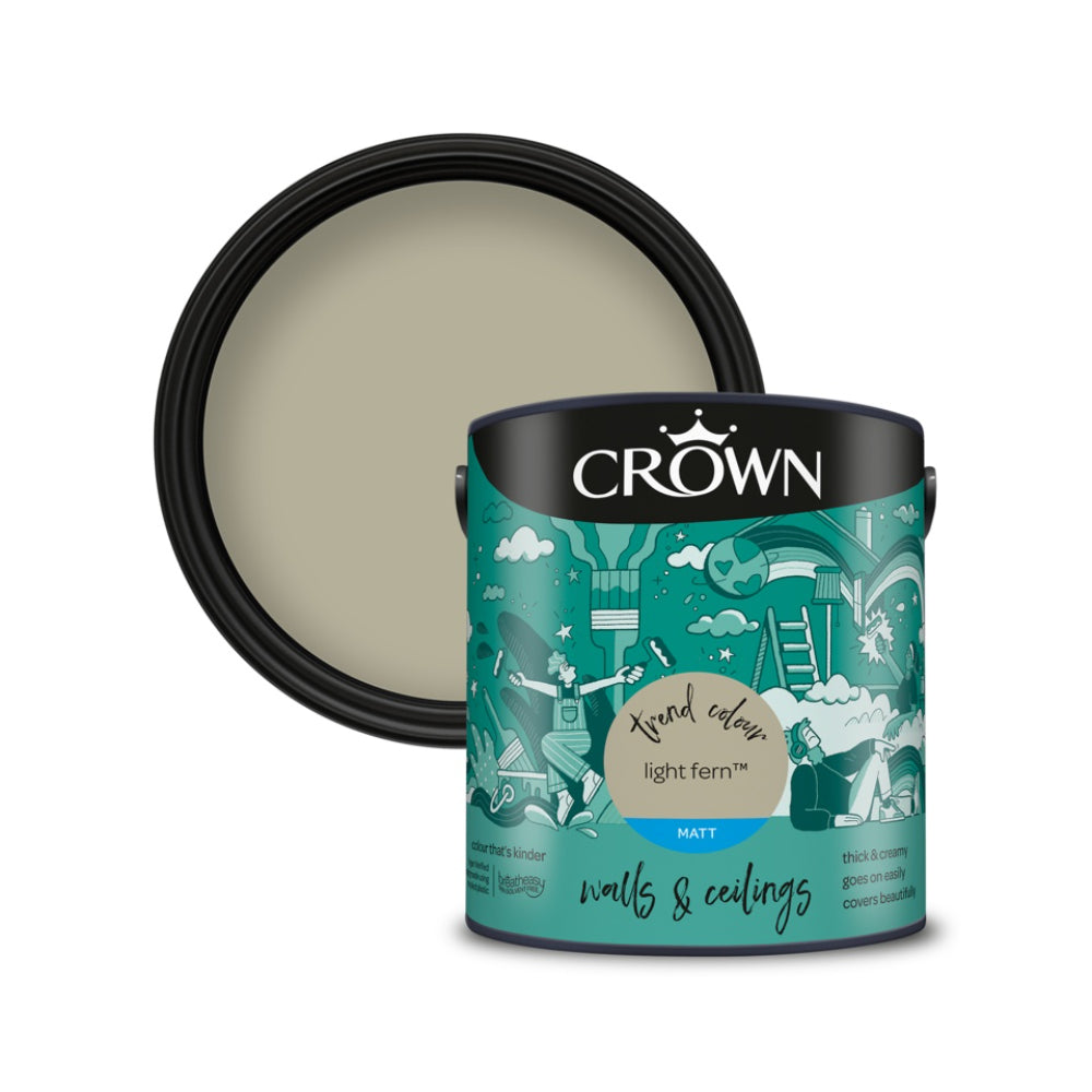 Crown Paint Light Fern Matt Walls and Ceilings Paint | 2.5L, Neutral Green