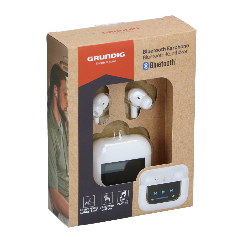 Grundig ANC Wireless Bluetooth Earbuds | LED Display Case, White
