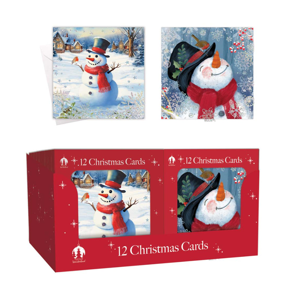 Festive Wonderland Snowman Scene Christmas Cards | Pack of 12, Assorted Designs