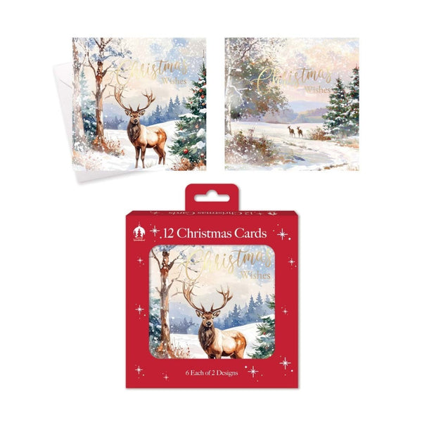 Festive Wonderland Deer Scene Christmas Cards | Pack of 12, Assorted Designs