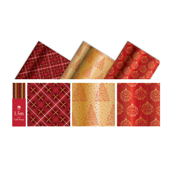 Festive Wonderland Christmas Foil Wrap | Assorted Red and Gold, 1.5m