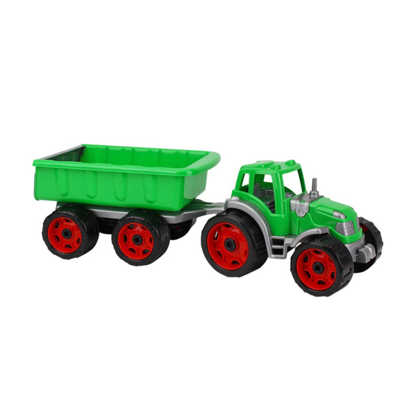 Green Toy Tractor with Detachable Trailer | Black Treaded Wheels