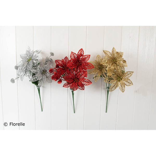 Christmas Glitter Poinsettia - Assorted Designs - 3 Pack