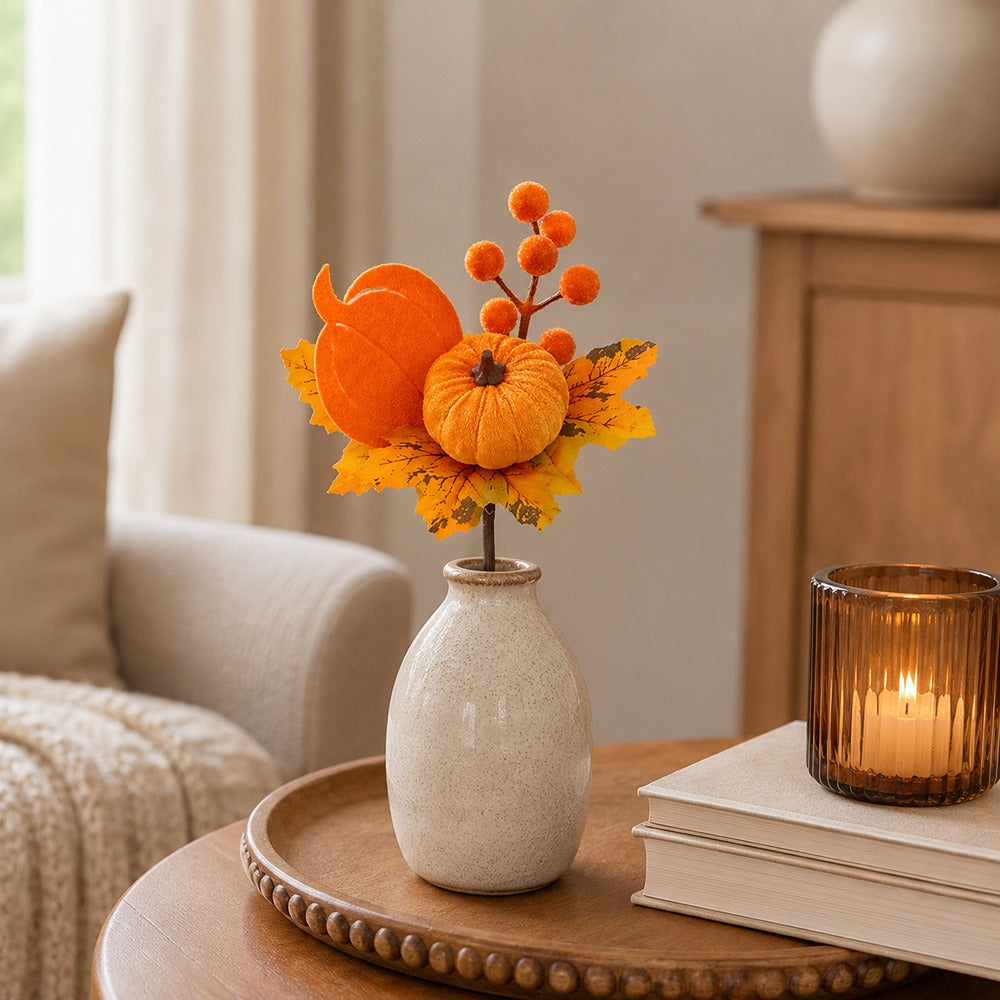 Autumn Velvet Pumpkin Floral Pick - Orange and Golden Yellow, 24cm