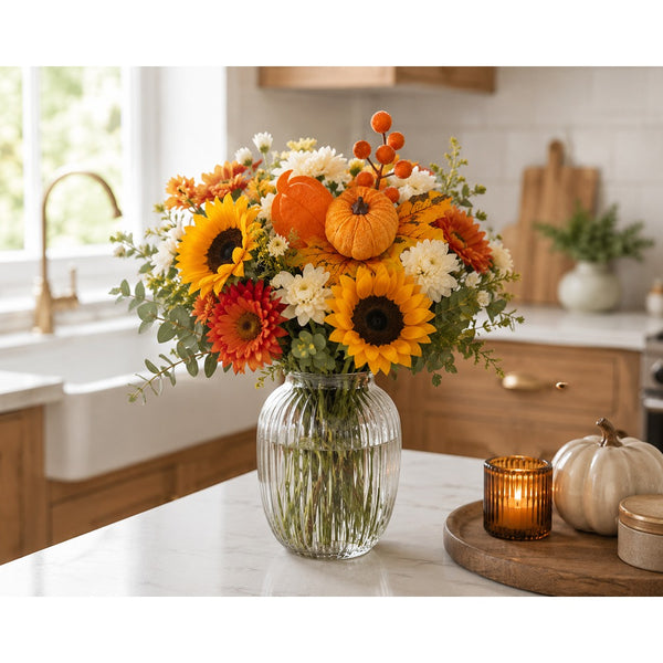 Autumn Velvet Pumpkin Floral Pick - Orange and Golden Yellow, 24cm