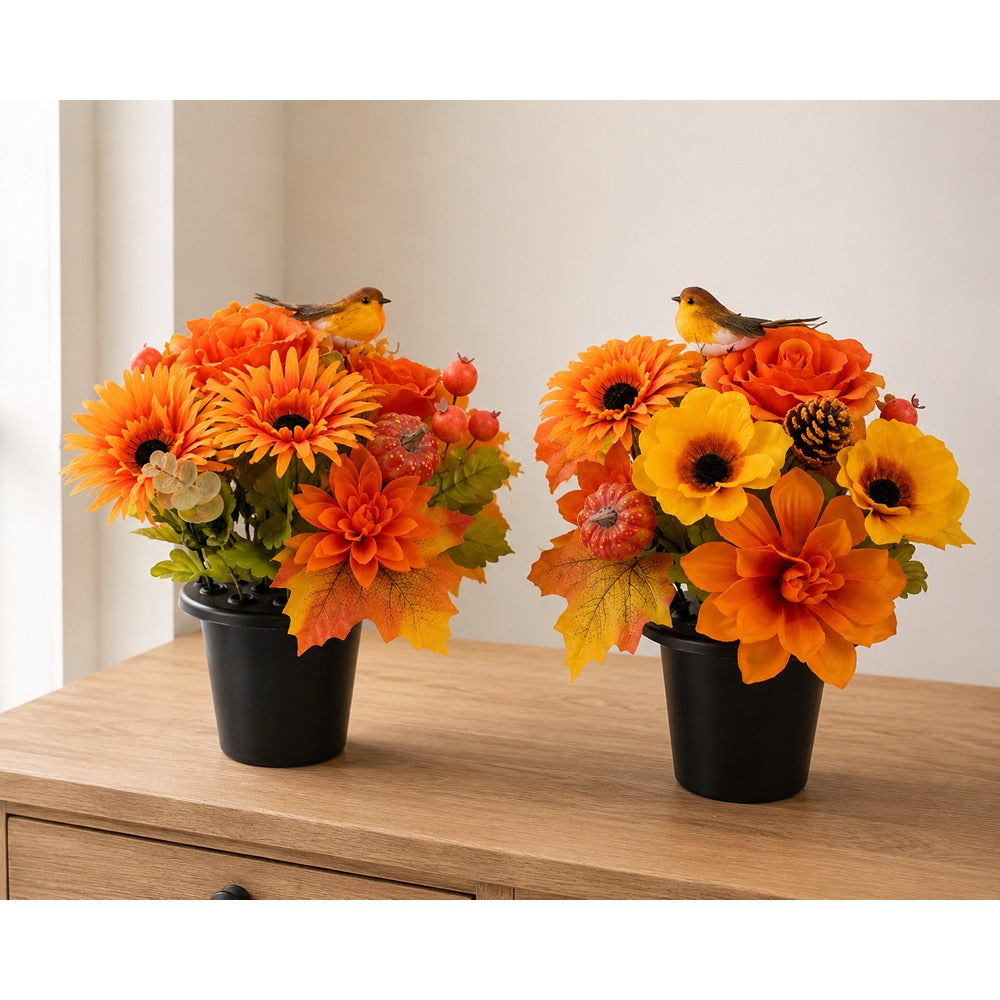 Autumnal Robin Artificial Floral Grave Pot - 2 Assorted Designs