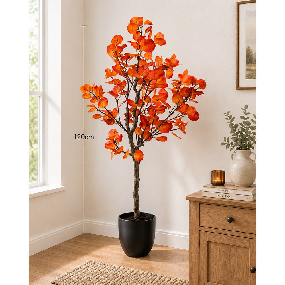 Autumnal Eucalyptus Artificial Potted Tree - Orange and Red, 120cm