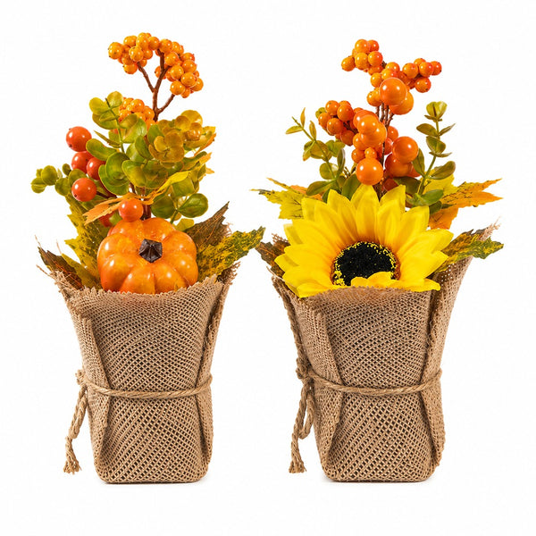 Rustic Autumn Burlap Arrangement - 2 Assorted Pumpkin and Sunflower Designs