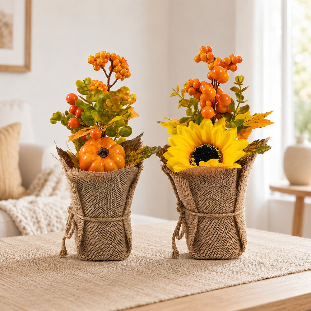 Rustic Autumn Burlap Arrangement - 2 Assorted Pumpkin and Sunflower Designs