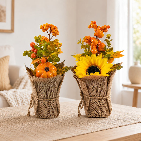 Rustic Autumn Burlap Arrangement - 2 Assorted Pumpkin and Sunflower Designs