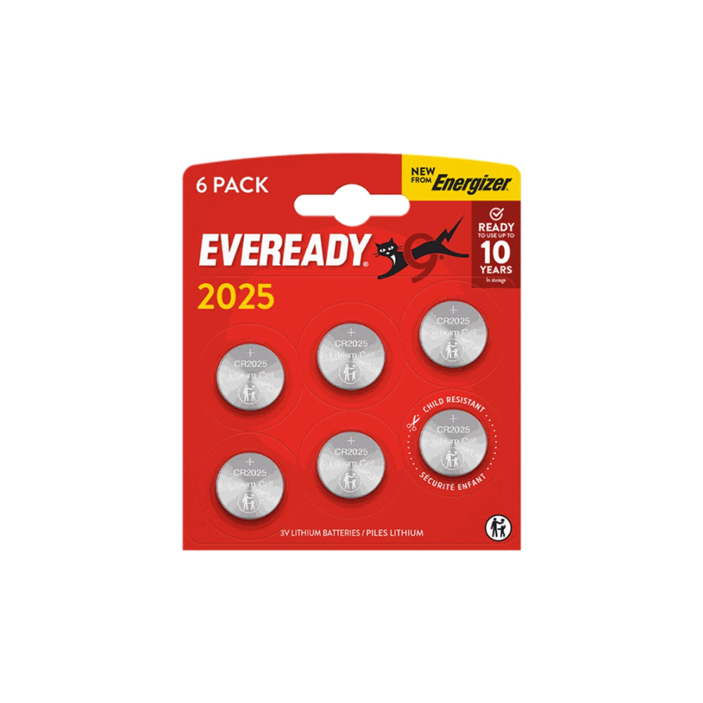 Eveready Lithium CR2025 Coin Cell Batteries | Pack of 6, 3V, 10 Year Shelf Life