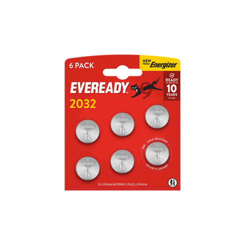 Eveready CR2032 Lithium Coin Cell Batteries | 3V, Pack of 6, 10-Year Storage Life
