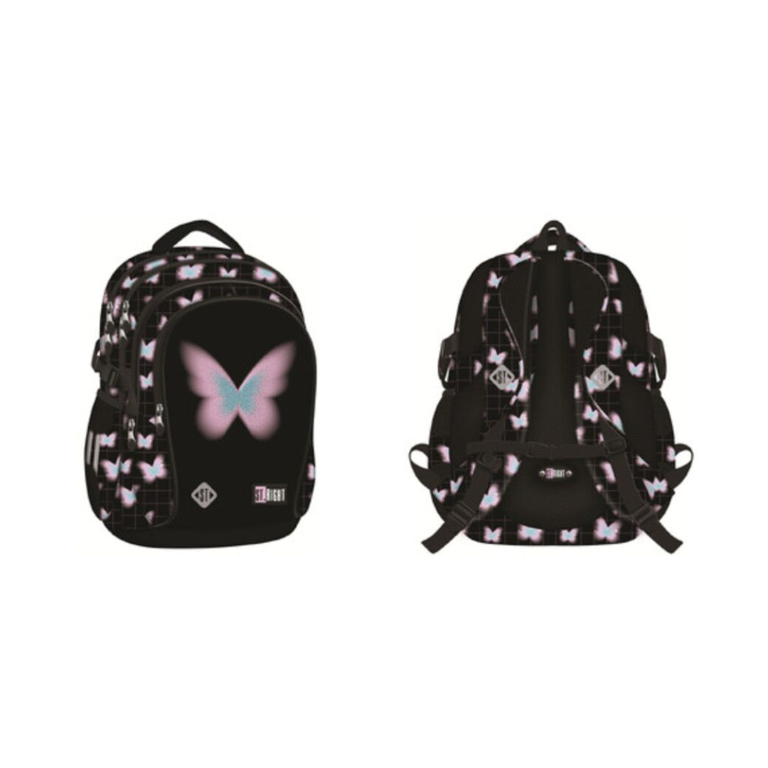 St. Right Pastel Butterfly School Backpack | 17 Inch, Black, Pink and Blue