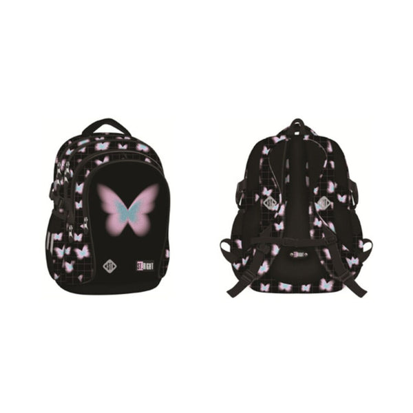 St. Right Pastel Butterfly School Backpack | 17 Inch, Black, Pink and Blue
