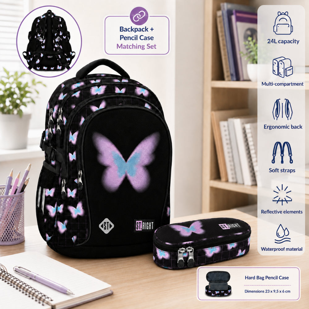 St. Right Pastel Butterfly School Backpack | 17 Inch, Black, Pink and Blue